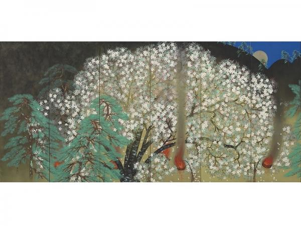 作品名「夜桜（右隻）」　作家名「横山大観」 　制作年：1929年　所蔵元：大倉集古館蔵